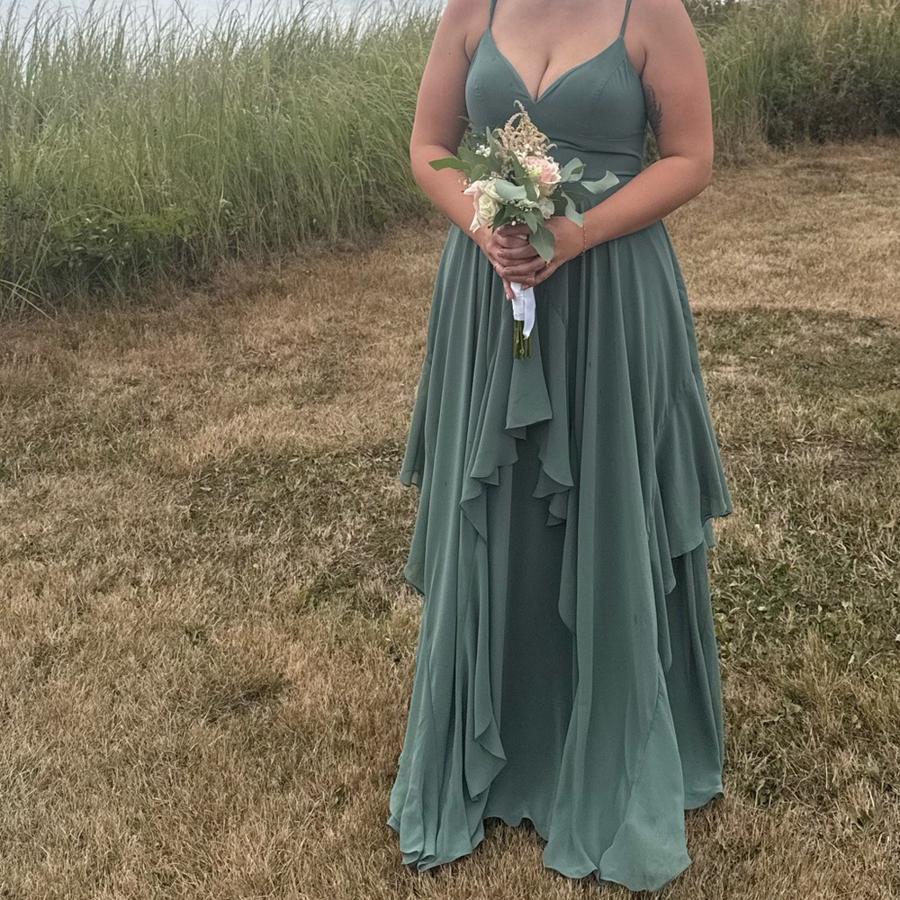 Azazie Eucalyptus A-line Bow Chiffon Dress - Picture 2 of 7